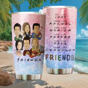 Friends TV Show Cartoon Characters Pink Glitter Tumbler   Iconic Quotes Design