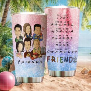 Friends TV Show Cartoon Characters Pink Glitter Tumbler   Iconic Quotes Design