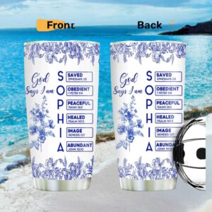 God Says I Am Blue Botanical Personalized Tumbler Custom Name Scriptural Gift