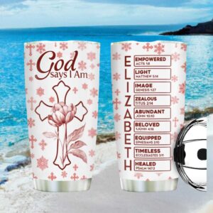 God Says I Am Floral Cross Tumbler Personalized Scripture Name