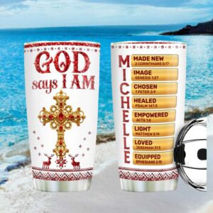 God Says I Am Ornate Cross Personalized Tumbler Red Glitter Style Christian Gift