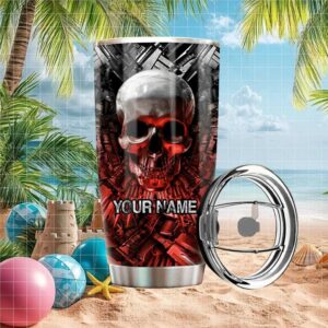 Gothic Flaming Skull and Weapons Custom Name Stainless Steel Tumbler