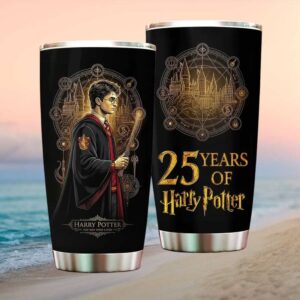 Harry Potter The Boy Who Lived 25 Years Anniversary Hogwarts Crest Gold Tumbler