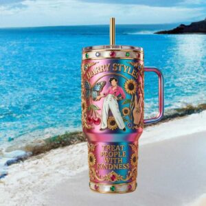 Harry Styles “Treat People With Kindness” 40oz Tumbler Iridescent Butterfly & Sunflower Design
