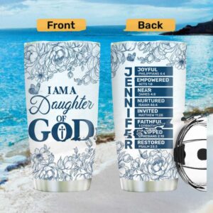 I Am A Daughter Of God Blue Floral Personalized Tumbler Custom Name Bible Verse
