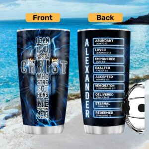 I Can Do All Things Through Christ Lion Cross Tumbler Personalized Blue Electric Design