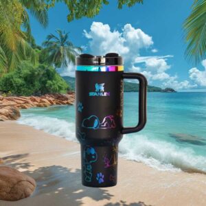 Iridescent Snoopy Outlines on Matte Black Insulated Tumbler Rainbow Reflective