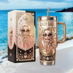 Lady Gaga Born This Way Chibi Style 3D Gold & Pink Tumbler