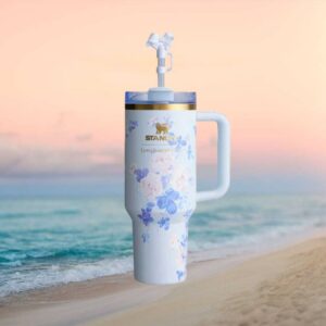 LoveShackFancy x Stanley Quencher 40oz Tumbler Blooming Heirloom Floral Blue with Bow Straw Cover