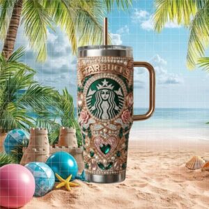 Luxury Starbucks Inspired Emerald & Gold Rhinestone Tumbler Bejeweled Floral Coffee Tumbler