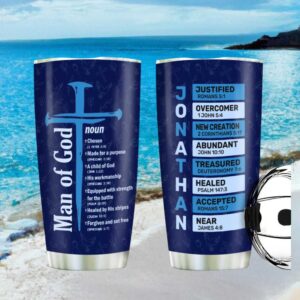 Man of God Blue Cross Tumbler Personalized Name Bible Verse Affirmations