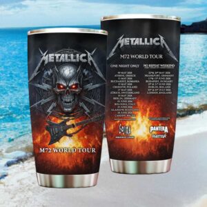 Metallica M72 World Tour 2026 Flaming Skull & Electric Guitar Rock Tumbler