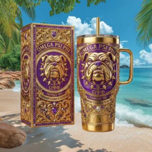 Omega Psi Phi Fraternity Purple & Gold Bulldog 1911 Jeweled Tumbler