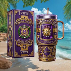Omega Psi Phi Fraternity Purple and Gold Bulldog Crest Luxury 40oz Tumbler