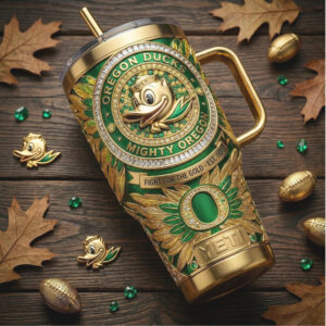 Oregon Ducks “Mighty Oregon” Gold & Green Filigree 40oz Insulated Tumbler