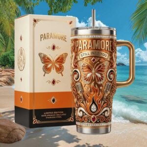 Paramore Still Into You Limited Edition 40oz Insulated Stainless Steel Tumbler Butterfly Gold & Orange Design