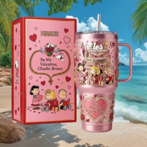 Peanuts Charlie Brown & Friends Valentine's Day 3D Embossed Pink Tumbler