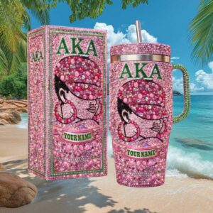 Personalized AKA Sorority Pink and Green Rhinestone Bling Tumbler
