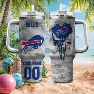 Personalized Buffalo Bills Camouflage Skull Design Insulated Tumbler with Handle