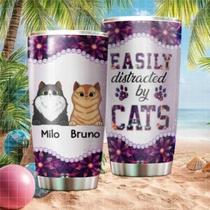 Personalized “Easily Distracted By Cats” Custom Name Cat Lover Tumbler