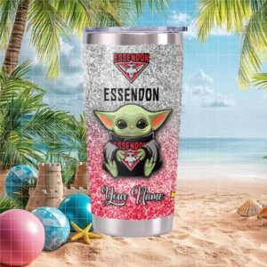 Personalized Essendon Bombers AFL “Baby Yoda” Grogu Glitter Tumbler