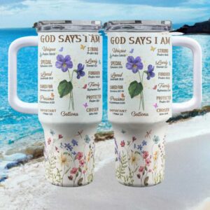 Personalized “God Says I Am” Bible Verse Violets Stainless Steel Tumbler
