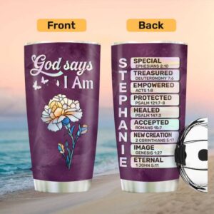 Personalized God Says I Am Purple Floral Tumbler   Custom Name Christian Gift