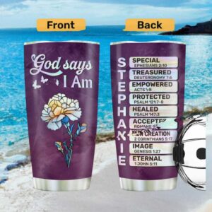 Personalized God Says I Am Purple Floral Tumbler Custom Name Christian Gift