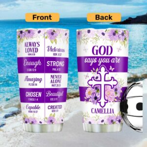 Personalized “God Says You Are” Purple Daisy Scripture Affirmation Tumbler