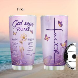Personalized God Says You Are Tumbler   Purple Butterfly & Floral Faith Gift