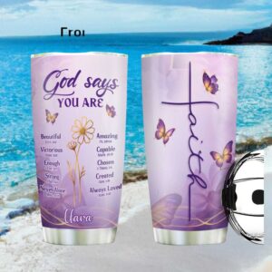 Personalized God Says You Are Tumbler Purple Butterfly & Floral Faith Gift
