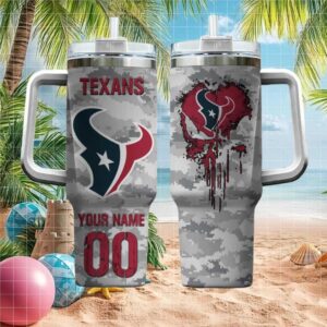 Personalized Houston Texans Grey Camo Drip Skull 40oz Tumbler with Handle