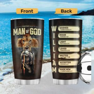 Personalized Man of God 1 Timothy 611 Knight & Lion Leather Style Tumbler