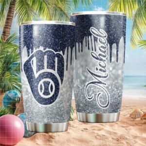 Personalized Milwaukee Brewers MLB Navy Glitter Drip Tumbler