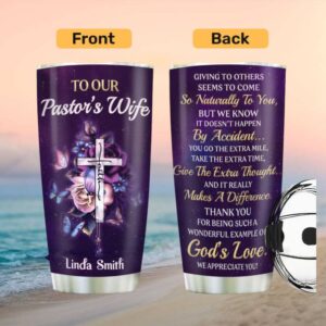 Personalized Pastor’s Wife Appreciation Tumbler   Purple Rose & Cross Design