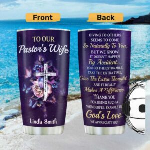 Personalized Pastor's Wife Appreciation Tumbler Purple Rose & Cross Design