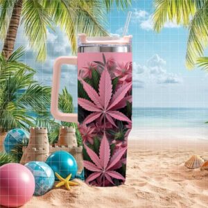 Personalized Pink Cannabis Leaf Floral Aesthetic Tumbler with Handle