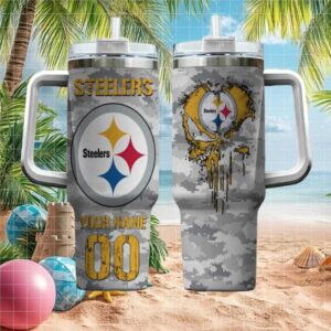 Personalized Pittsburgh Steelers Tumbler Grey Digital Camo Fan Gift