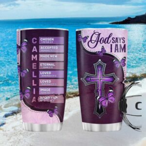 Personalized Purple Butterfly Cross “God Says I Am” Name Acrostic Tumbler