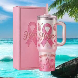 Pink Ribbon Hope Survivor Glitter Butterfly 3D Embossed Insulated Tumbler
