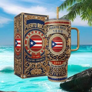 Puerto Rico “Isla del Encanto” Est 1898 Luxury Gold & Jewel Inlaid Tumbler