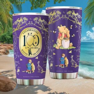 Purple Vintage Winnie the Pooh 100th Anniversary Gold Logo Character Tumbler