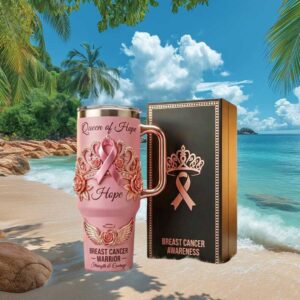 Queen of Hope Breast Cancer Awareness Pink Tumbler with Crown & Handle