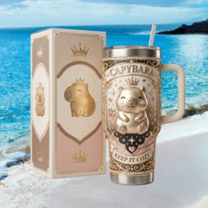 Royal Capybara “Keep It Cozy” Pastel Pink & Gold Filigree Tumbler