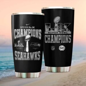 Seattle Seahawks Super Bowl LX Champions Black & Silver 50th Anniversary Logo Tumbler