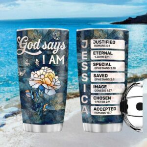 Stained Glass Flower “God Says I Am” Personalized Name Meaning Tumbler