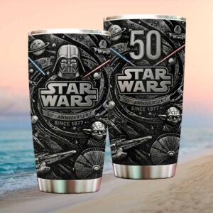 Star Wars 50th Anniversary Since 1977 Darth Vader and Yoda Silver Embossed Style Tumbler