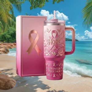 Stronger Together Breast Cancer Awareness Pink Ombre Floral 40oz Tumbler