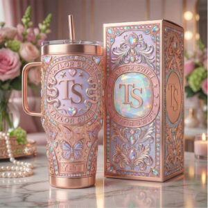 Taylor Swift “TS” Butterfly Eras Inspired Rose Gold Jewel Tumbler