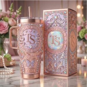 Taylor Swift “TS” Butterfly Eras Inspired Rose Gold Jewel Tumbler
